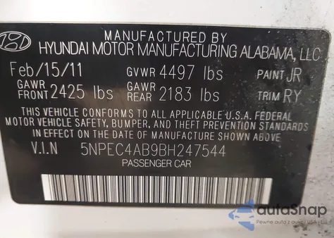 2011 Hyundai Sonata Limited 2.0T z USA, uszkodzony, nr VIN 5NPEC4AB9BH247544